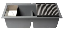 ALFI 34" Drop In Granite Composite Workstation Kitchen Sink with Accessories, 50/50 Double Bowl, Titanium, 1 Faucet Hole, AB3418DBDI-T