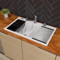 ALFI 34" Drop In Granite Composite Workstation Kitchen Sink with Accessories, 50/50 Double Bowl, White, 1 Faucet Hole, AB3418DBDI-W