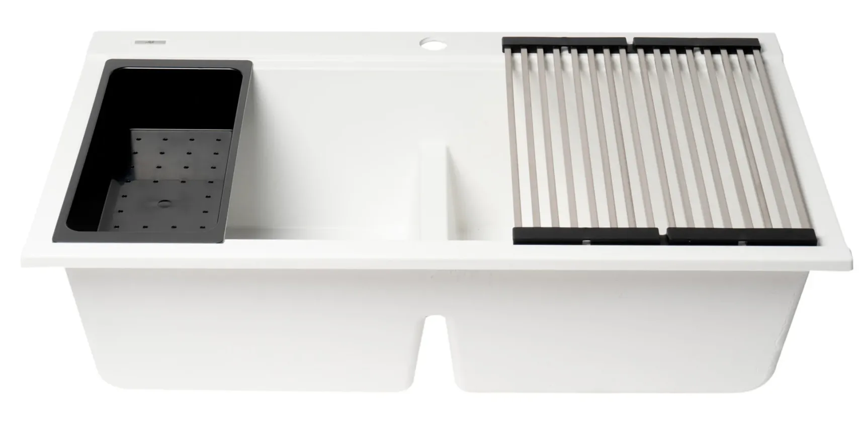 ALFI 34" Drop In Granite Composite Workstation Kitchen Sink with Accessories, 50/50 Double Bowl, White, 1 Faucet Hole, AB3418DBDI-W