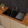 ALFI 34" Drop In Granite Composite Workstation Kitchen Sink with Accessories, 50/50 Double Bowl, Black, 1 Faucet Hole, AB3418DBDI-BLA