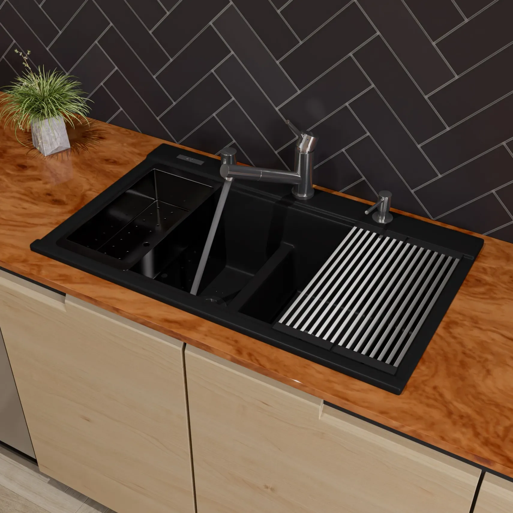 ALFI 34" Drop In Granite Composite Workstation Kitchen Sink with Accessories, 50/50 Double Bowl, Black, 1 Faucet Hole, AB3418DBDI-BLA