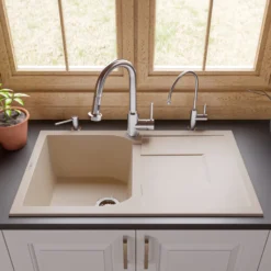 ALFI 34" Single Bowl Granite Composite Kitchen Sink with Drainboard, Biscuit, AB1620DI-B