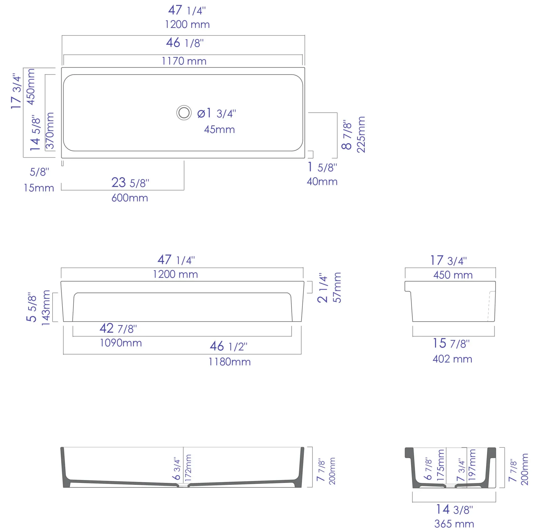 ALFI 48" White Above Mount Fireclay Bath Trough Sink, AB48TR