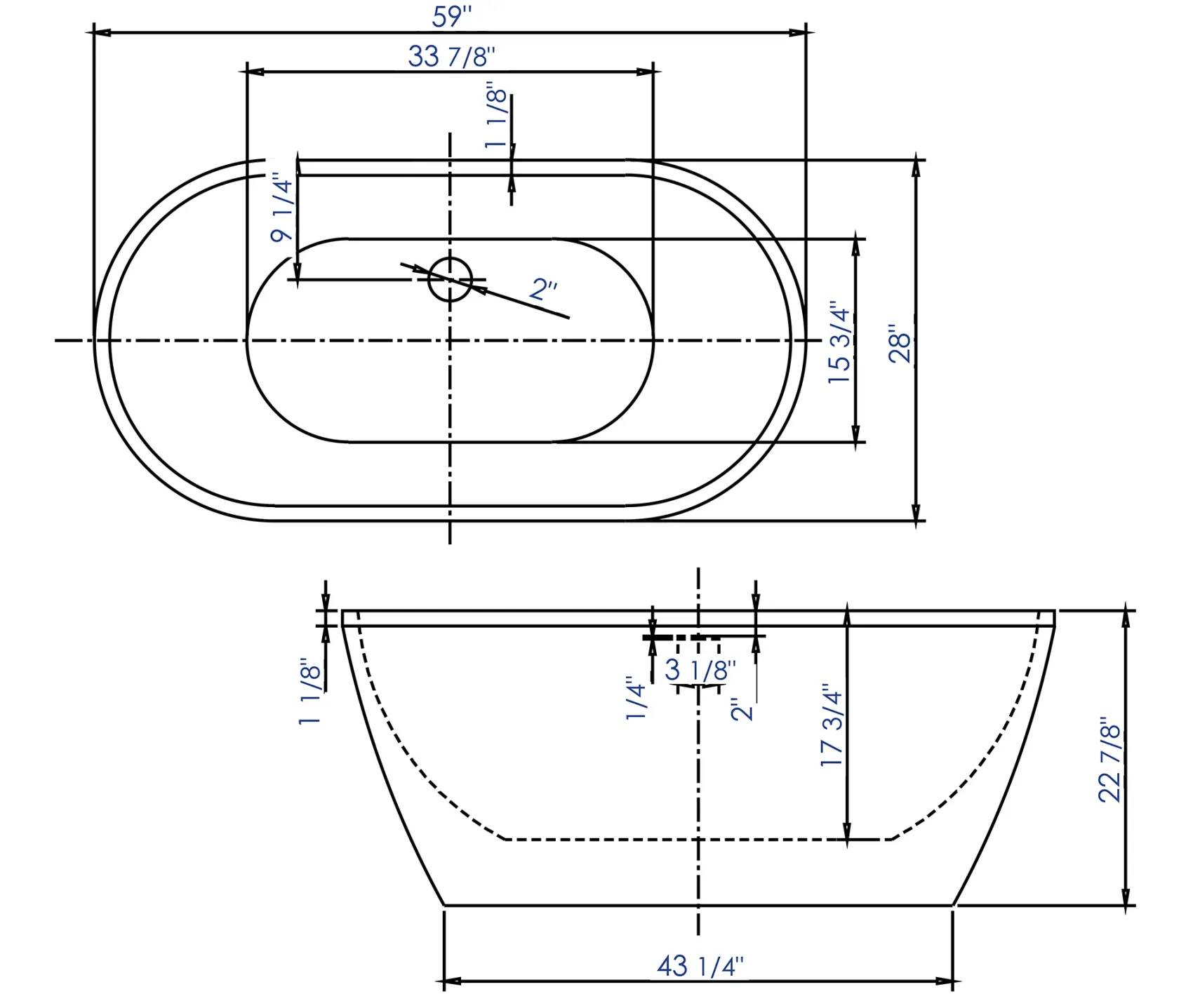 ALFI brand 59" Acrylic Free Standing Oval Soaking Bathtub, White, AB8838