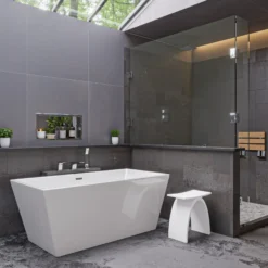 ALFI brand 59" Acrylic Free Standing Rectangle Soaking Bathtub, White, AB8833
