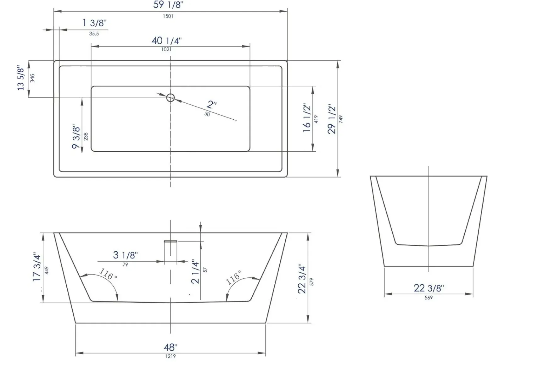 ALFI brand 59" Acrylic Free Standing Rectangle Soaking Bathtub, White, AB8833