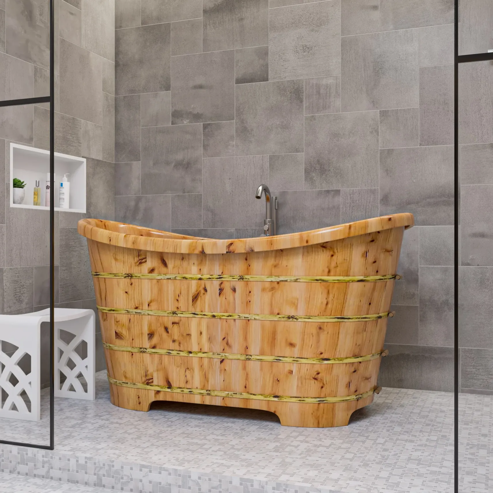 ALFI brand 63" Cedar Wood Free Standing Oval Bathtub, Natural Wood, AB1105