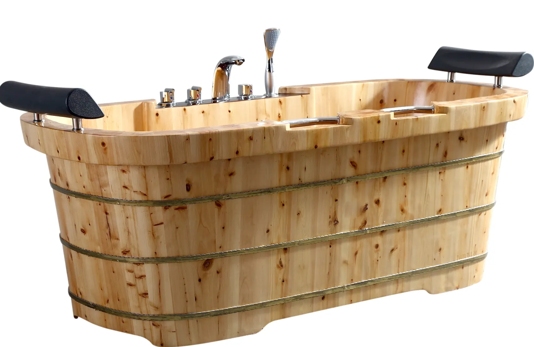ALFI brand 65" Cedar Wood Free Standing Oval Bathtub with Fixtures & Headrests, Natural Wood, AB1130