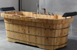 ALFI brand 65" Cedar Wood Free Standing Oval Bathtub with Fixtures & Headrests, Natural Wood, AB1130