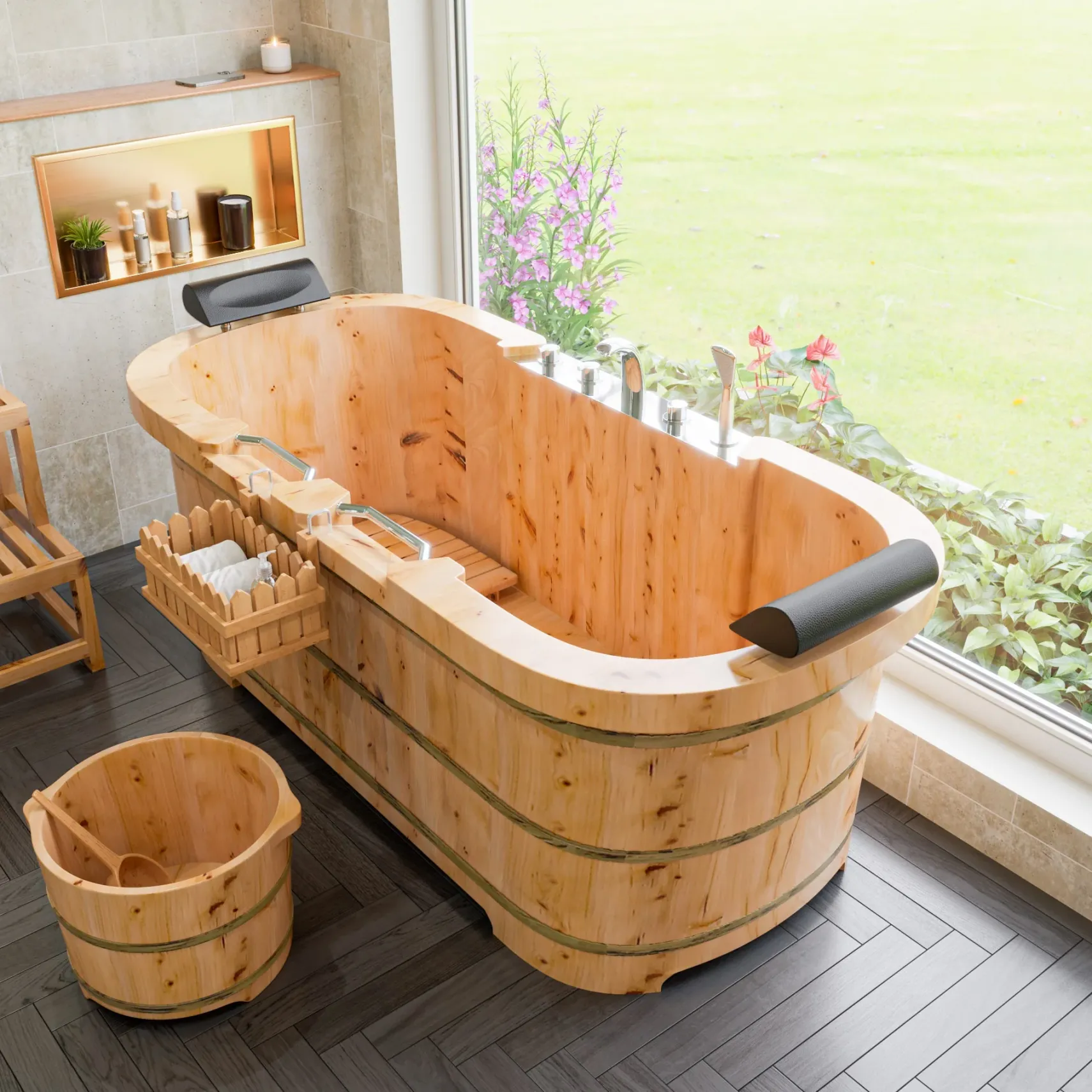 ALFI brand 65" Cedar Wood Free Standing Oval Bathtub with Fixtures & Headrests, Natural Wood, AB1130