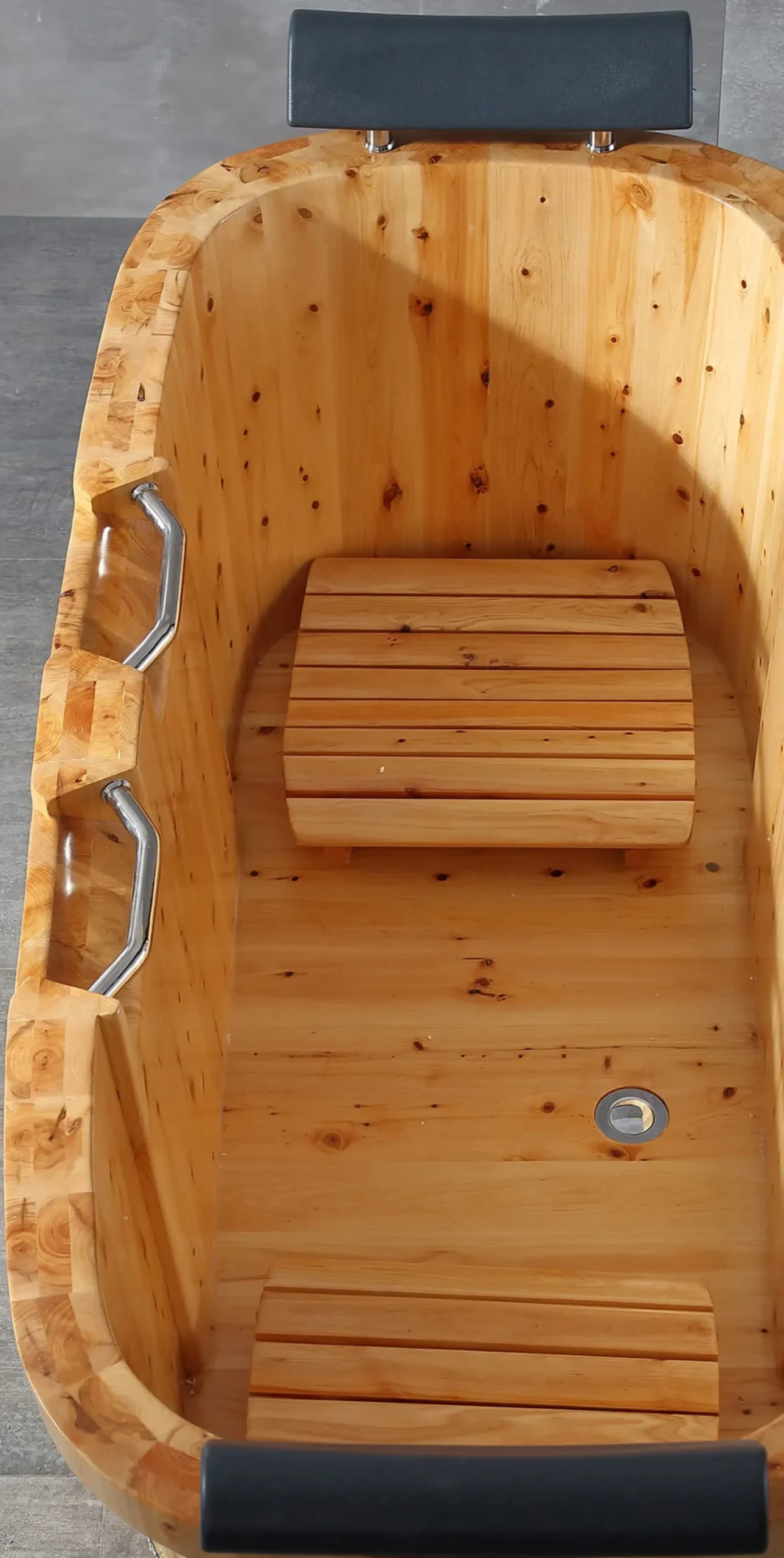 ALFI brand 65" Cedar Wood Free Standing Oval Bathtub with Fixtures & Headrests, Natural Wood, AB1130