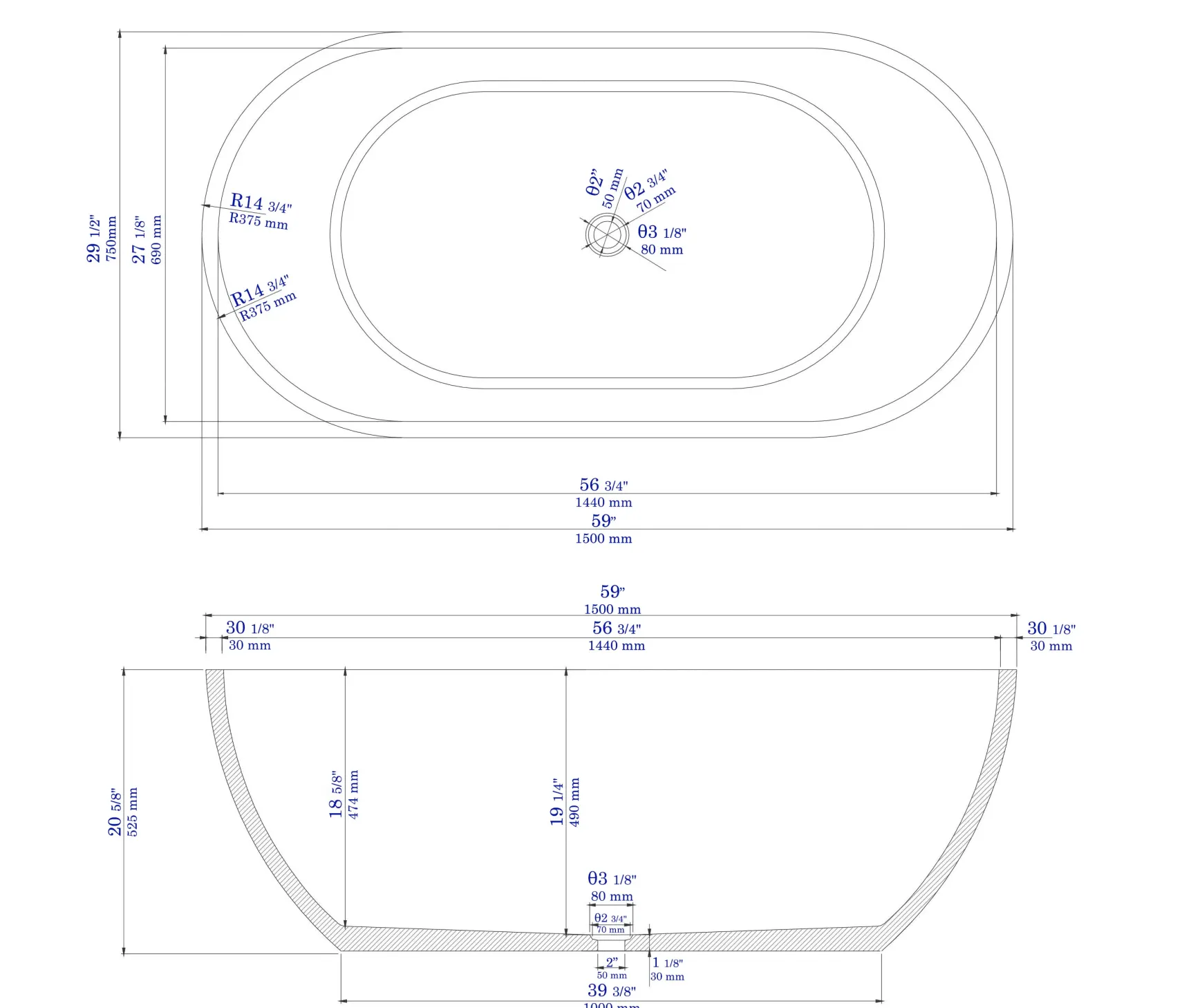 ALFI brand 59" Concrete Free Standing Oval Bathtub, Gray Matte, ABCO59TUB