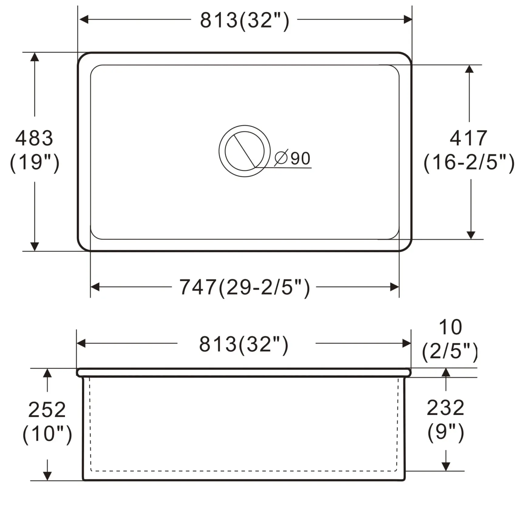 ALFI brand 32" Drop In Fireclay Kitchen Sink, Gray Matte, No Faucet Hole, ABF3219SUD-GM