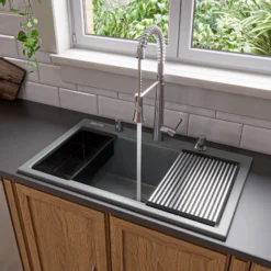 ALFI brand 34" Drop In Granite Composite Workstation Kitchen Sink with Accessories, Titanium, 1 Faucet Hole, AB3418SBDI-T