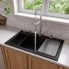 ALFI brand 34" Drop In Granite Composite Workstation Kitchen Sink with Accessories, Black, 1 Faucet Hole, AB3418SBDI-BLA