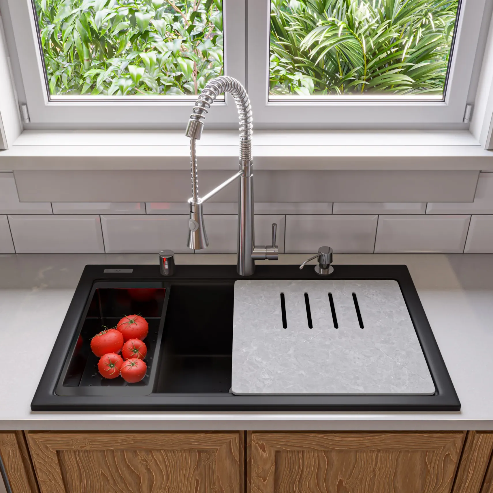 ALFI brand 34" Drop In Granite Composite Workstation Kitchen Sink with Accessories, Black, 1 Faucet Hole, AB3418SBDI-BLA