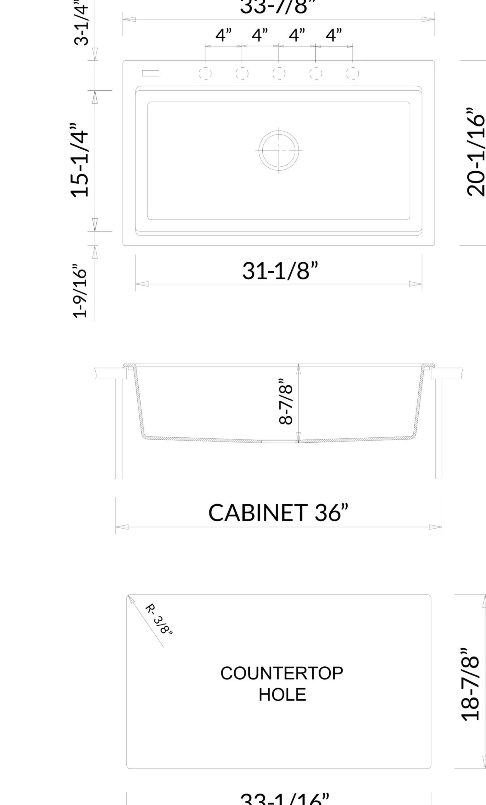 ALFI brand 34" Drop In Granite Composite Workstation Kitchen Sink with Accessories, Black, 1 Faucet Hole, AB3418SBDI-BLA