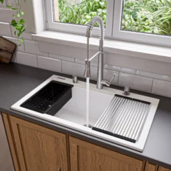ALFI brand 34" Drop In Granite Composite Workstation Kitchen Sink with Accessories, White, 1 Faucet Hole, AB3418SBDI-W
