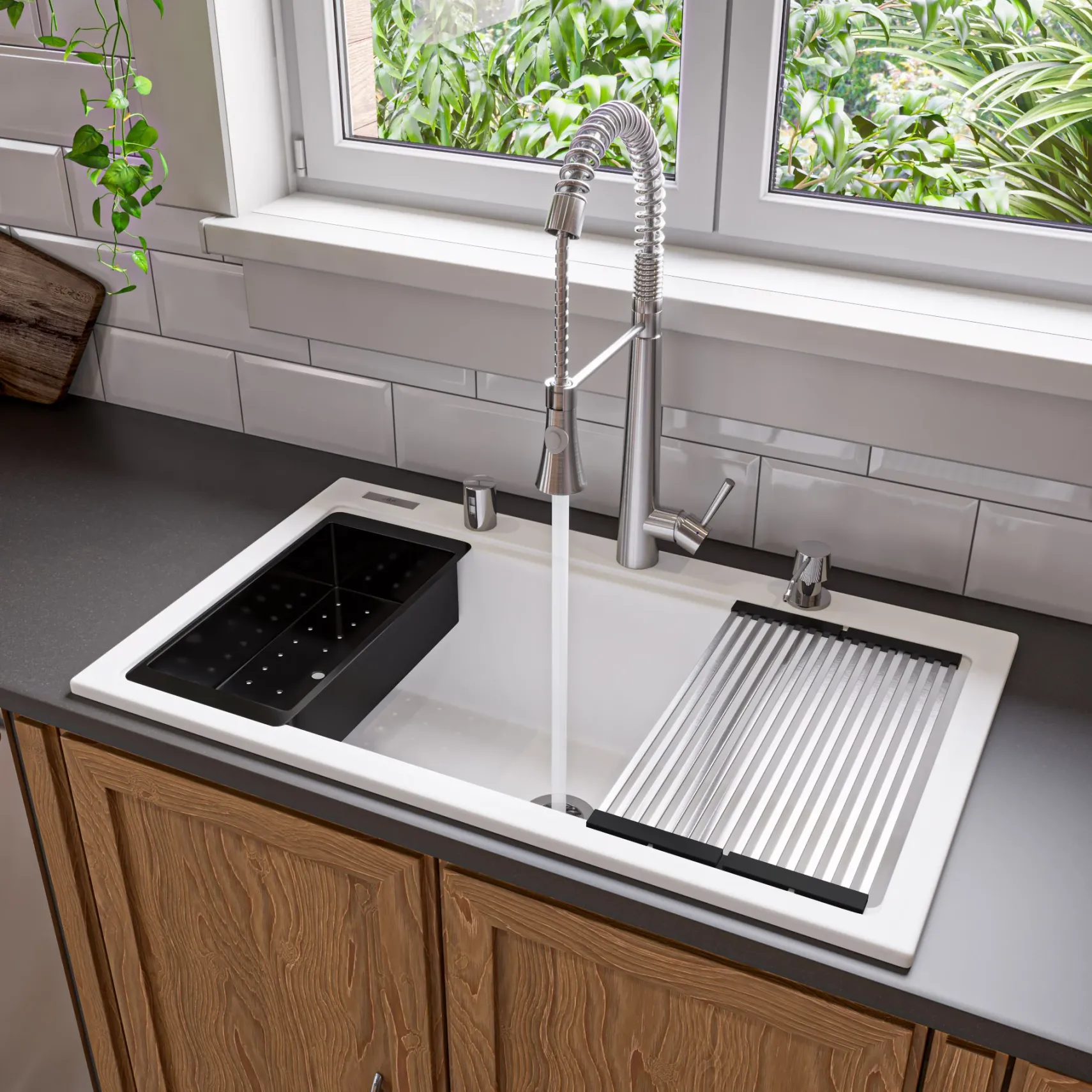 ALFI brand 34" Drop In Granite Composite Workstation Kitchen Sink with Accessories, White, 1 Faucet Hole, AB3418SBDI-W