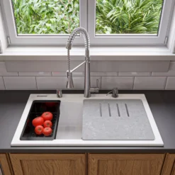 ALFI brand 34" Drop In Granite Composite Workstation Kitchen Sink with Accessories, White, 1 Faucet Hole, AB3418SBDI-W