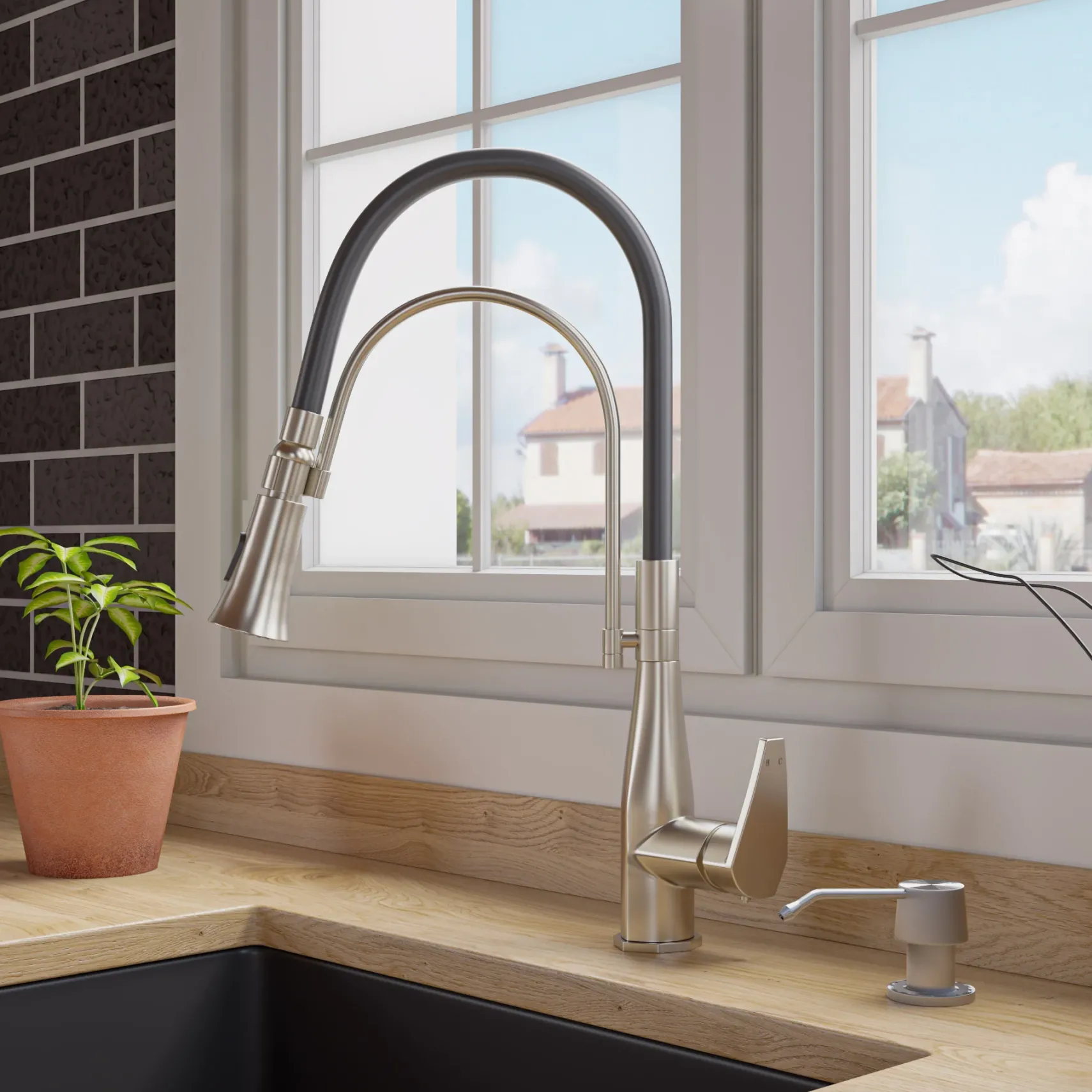 ALFI brand 1.8 GPM Lever Gooseneck Spout Touch Kitchen Faucet, Modern, Gray, Brushed Nickel, ABKF3001-BN
