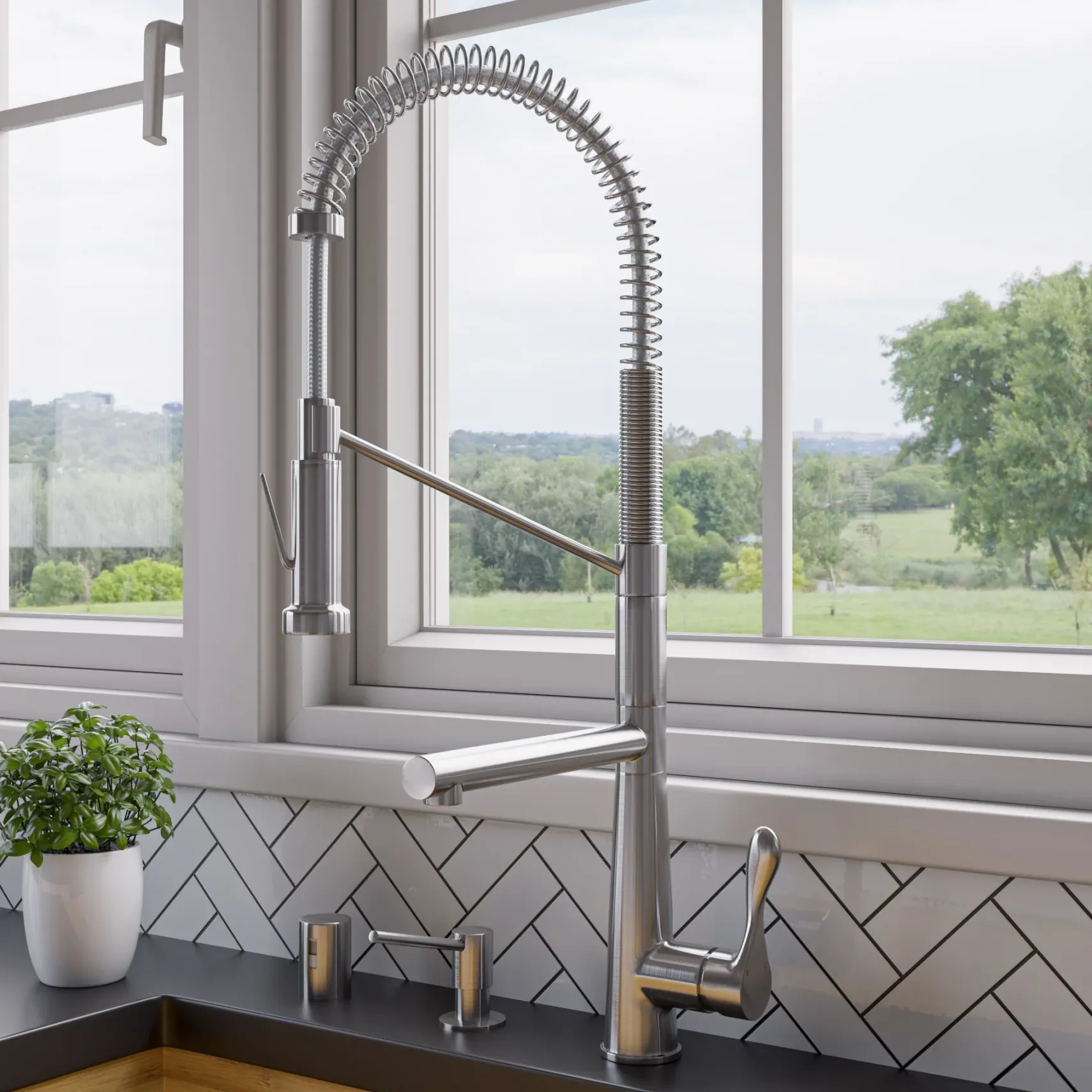 ALFI brand 1.7 GPM Lever Gooseneck Double Spout Touch Kitchen Faucet, Modern, Gray, Brushed Nickel, ABKF3787-BN