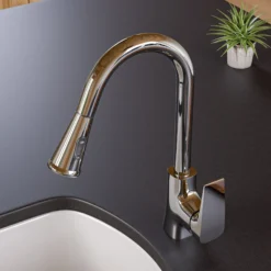 ALFI brand 1.8 GPM Lever Gooseneck Spout Touch Kitchen Faucet, Modern, Gray, Pull Down, Polished Chrome, ABKF3889-PC