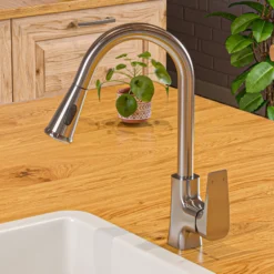 ALFI brand 1.8 GPM Lever Gooseneck Spout Touch Kitchen Faucet, Modern, Gray, Pull Down, Brushed Nickel, ABKF3889-BN