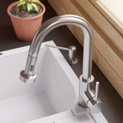 ALFI brand 1.66 GPM Lever Gooseneck Spout Touchless Kitchen Faucet, Modern, Gray, Pull Down, Brushed Nickel, ABKF3262-BN