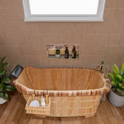 ALFI brand 59" Rubber Wood Free Standing Rectangle Bathtub with Chrome Tub Filler, Natural Wood, AB1148