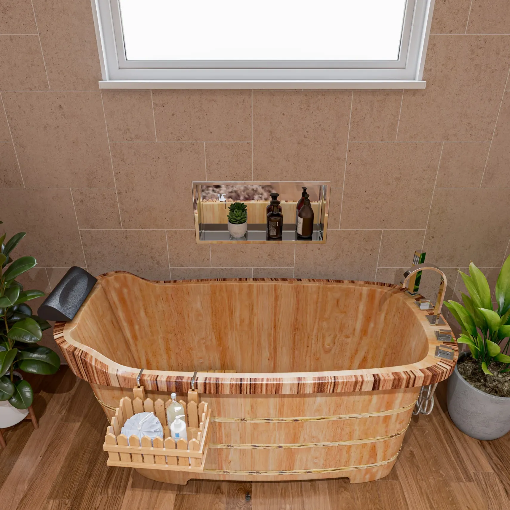 ALFI brand 59" Rubber Wood Free Standing Rectangle Bathtub with Chrome Tub Filler, Natural Wood, AB1148