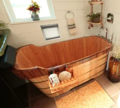 ALFI brand 59" Rubber Wood Free Standing Rectangle Bathtub with Chrome Tub Filler, Natural Wood, AB1148