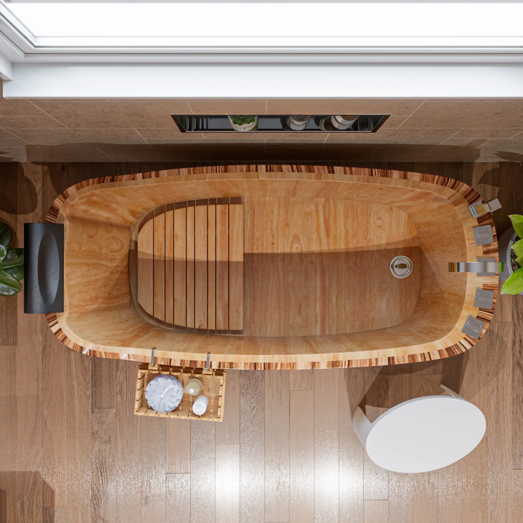 ALFI brand 59" Rubber Wood Free Standing Rectangle Bathtub with Chrome Tub Filler, Natural Wood, AB1148