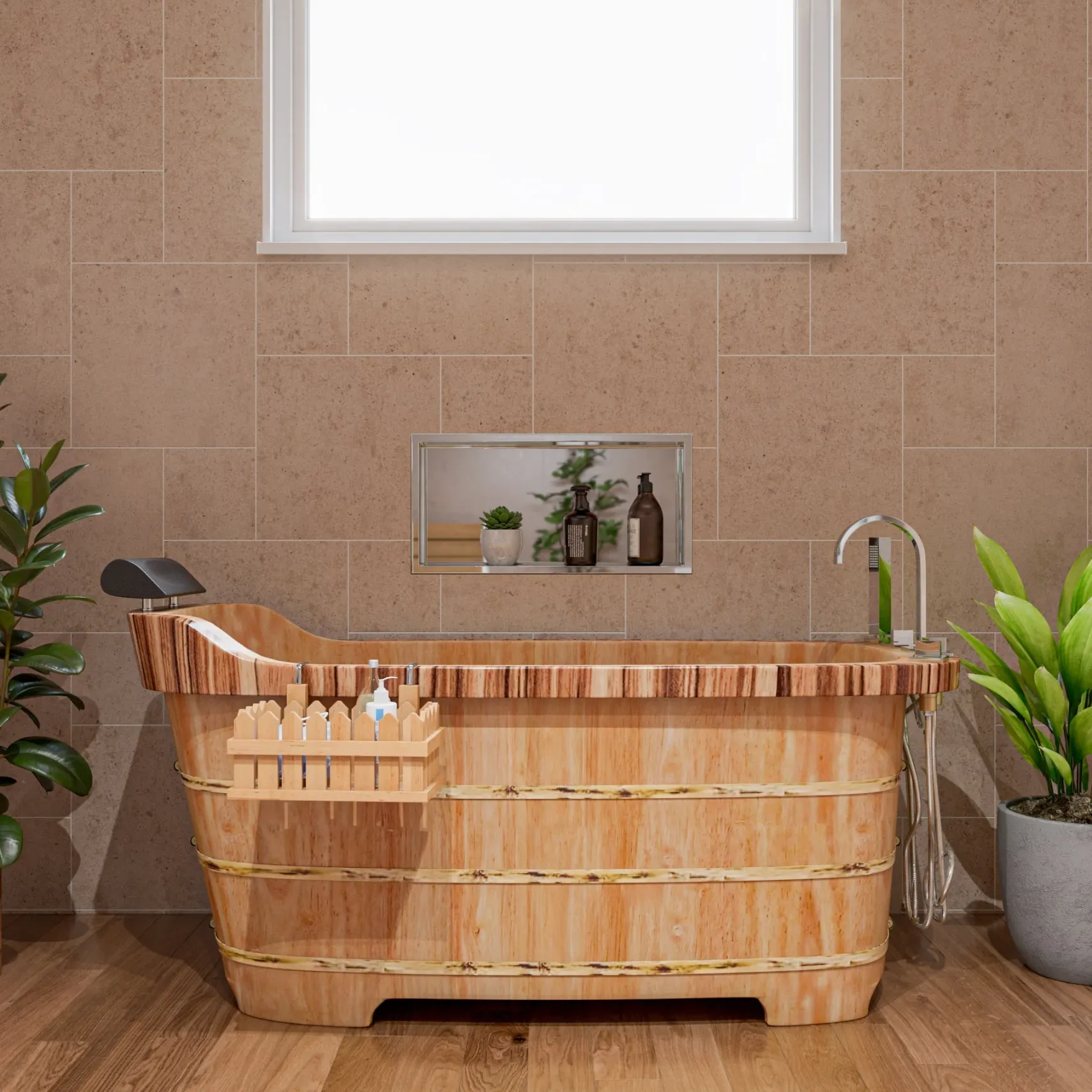 ALFI brand 59" Rubber Wood Free Standing Rectangle Bathtub with Chrome Tub Filler, Natural Wood, AB1148