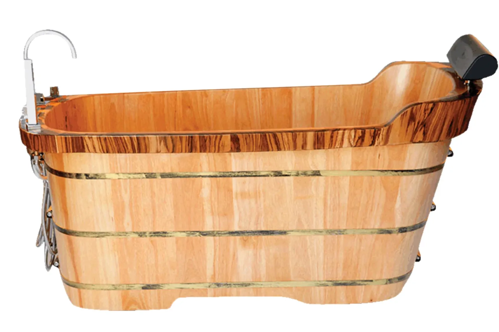 ALFI brand 59" Rubber Wood Free Standing Rectangle Bathtub with Chrome Tub Filler, Natural Wood, AB1148