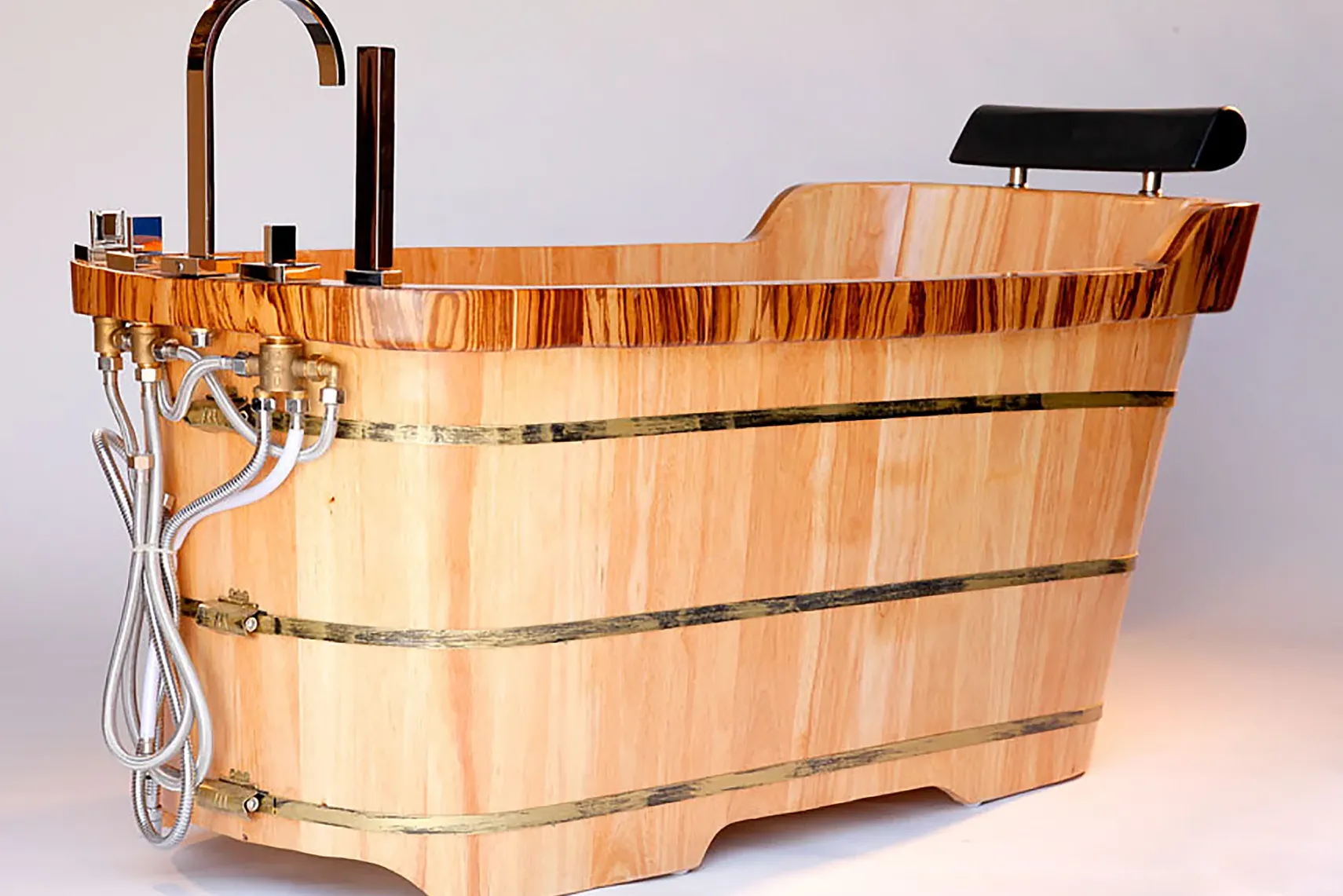 ALFI brand 59" Rubber Wood Free Standing Rectangle Bathtub with Chrome Tub Filler, Natural Wood, AB1148