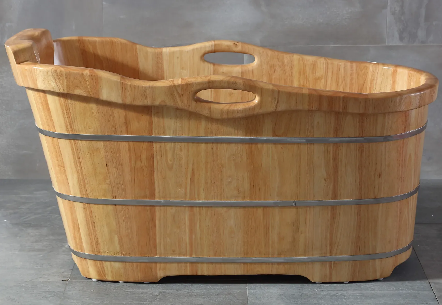 ALFI brand 57" Rubber Wood Free Standing Oval Soaking Bathtub, Natural Wood, AB1187