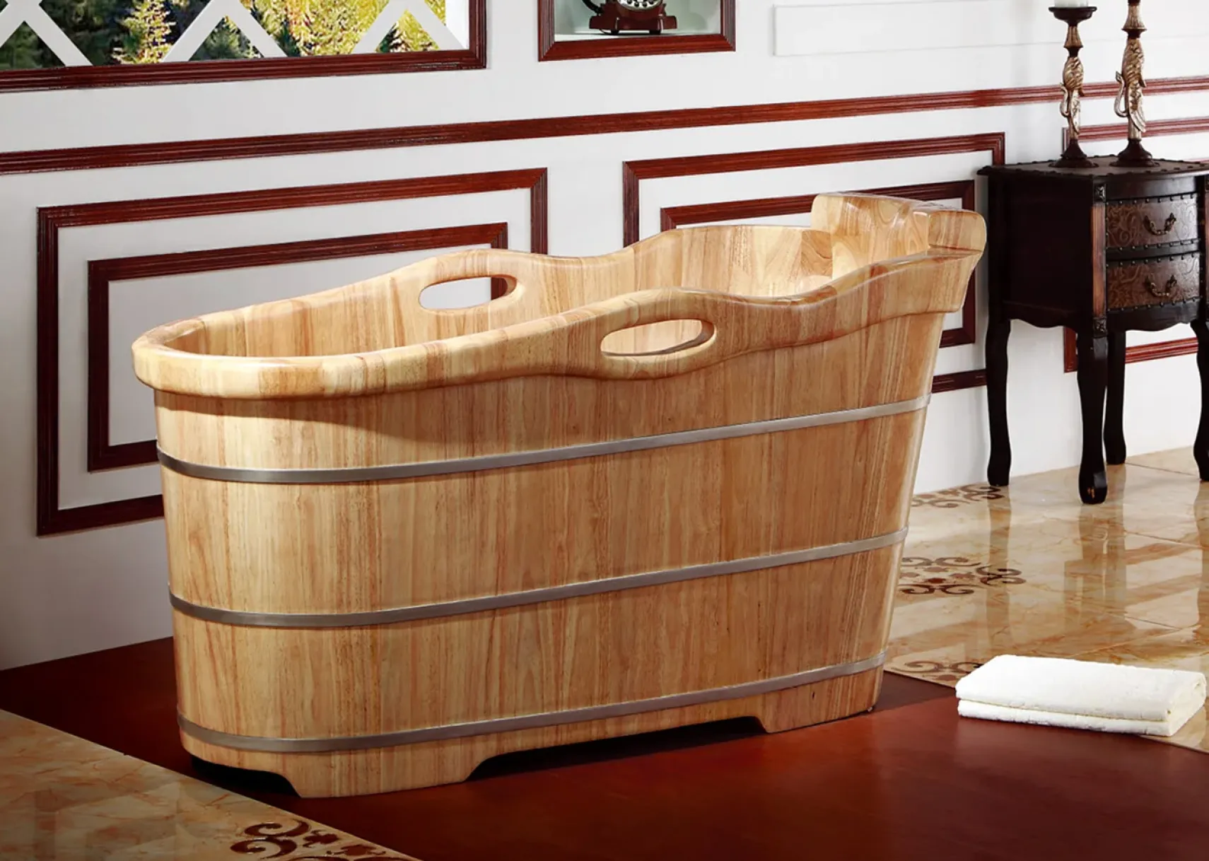 ALFI brand 57" Rubber Wood Free Standing Oval Soaking Bathtub, Natural Wood, AB1187