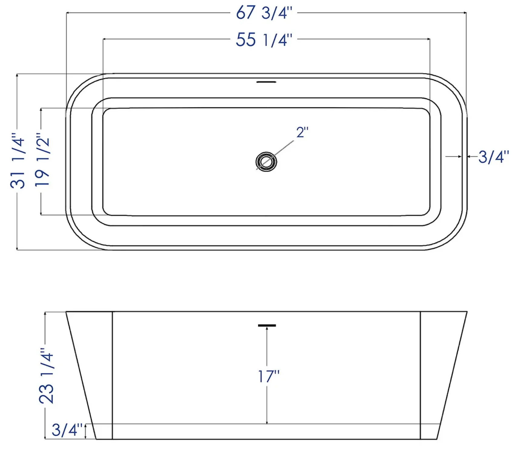 ALFI brand 68" Solid Surface Resin Free Standing Rectangle Soaking Bathtub, Black & White, AB9952BM