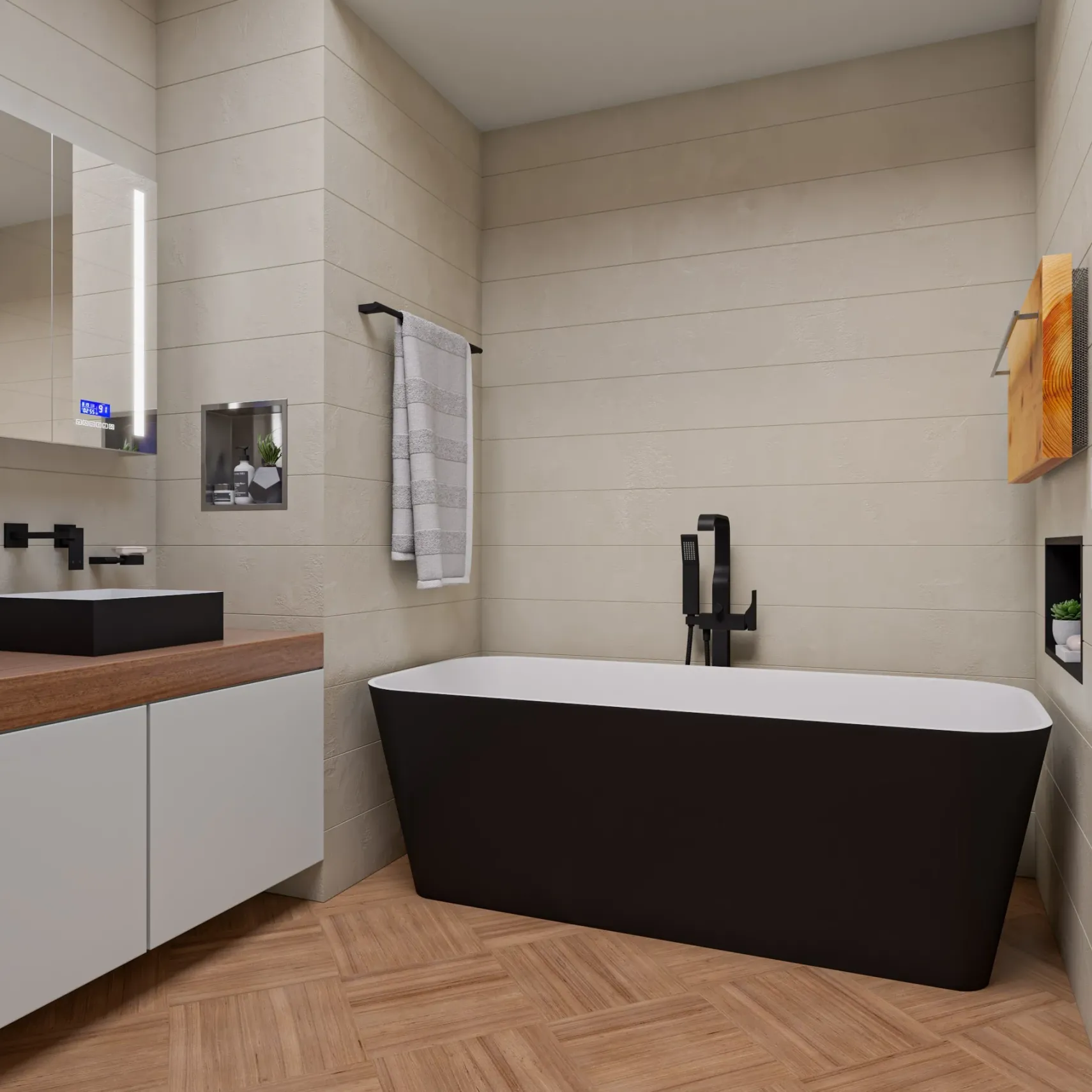 ALFI brand 68" Solid Surface Resin Free Standing Rectangle Soaking Bathtub, Black & White, AB9952BM