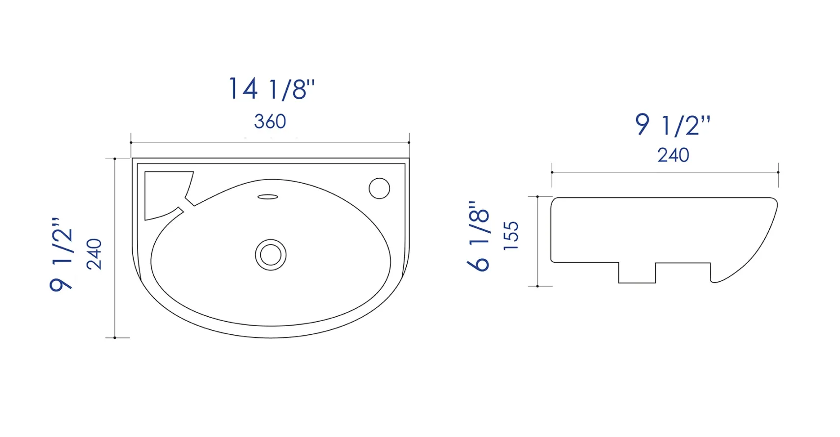 ALFI brand 14.13" x 9.5" Oval Wall Mount Porcelain Bathroom Sink, White, 1 Faucet Hole, ABC118