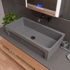 ALFI brand 35.5" x 17.75" Rectangle Above Mount or Semi Recessed Fireclay Bathroom Sink, Gray Matte, No Faucet Hole, AB36TRGM
