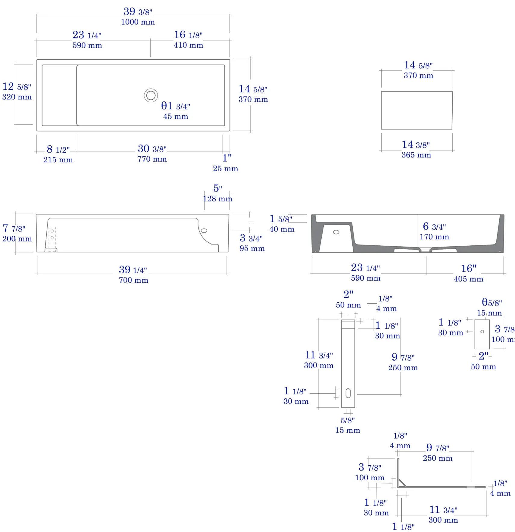 ALFI brand 39.4" x 14.6" Rectangle Above Mount or Semi Recessed Fireclay Bathroom Sink, White, No Faucet Hole, AB39TR