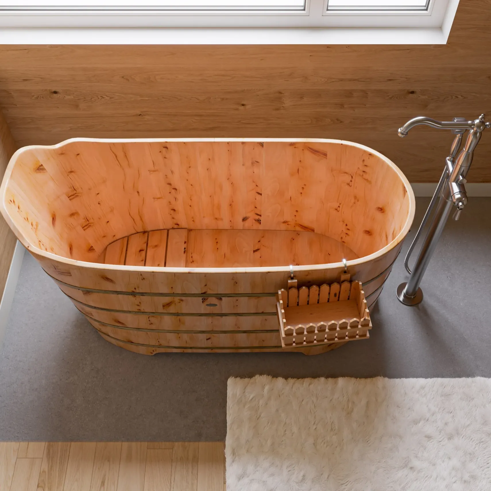 ALFI brand AB1103 59" Free Standing Cedar Wood Bathtub with Bench