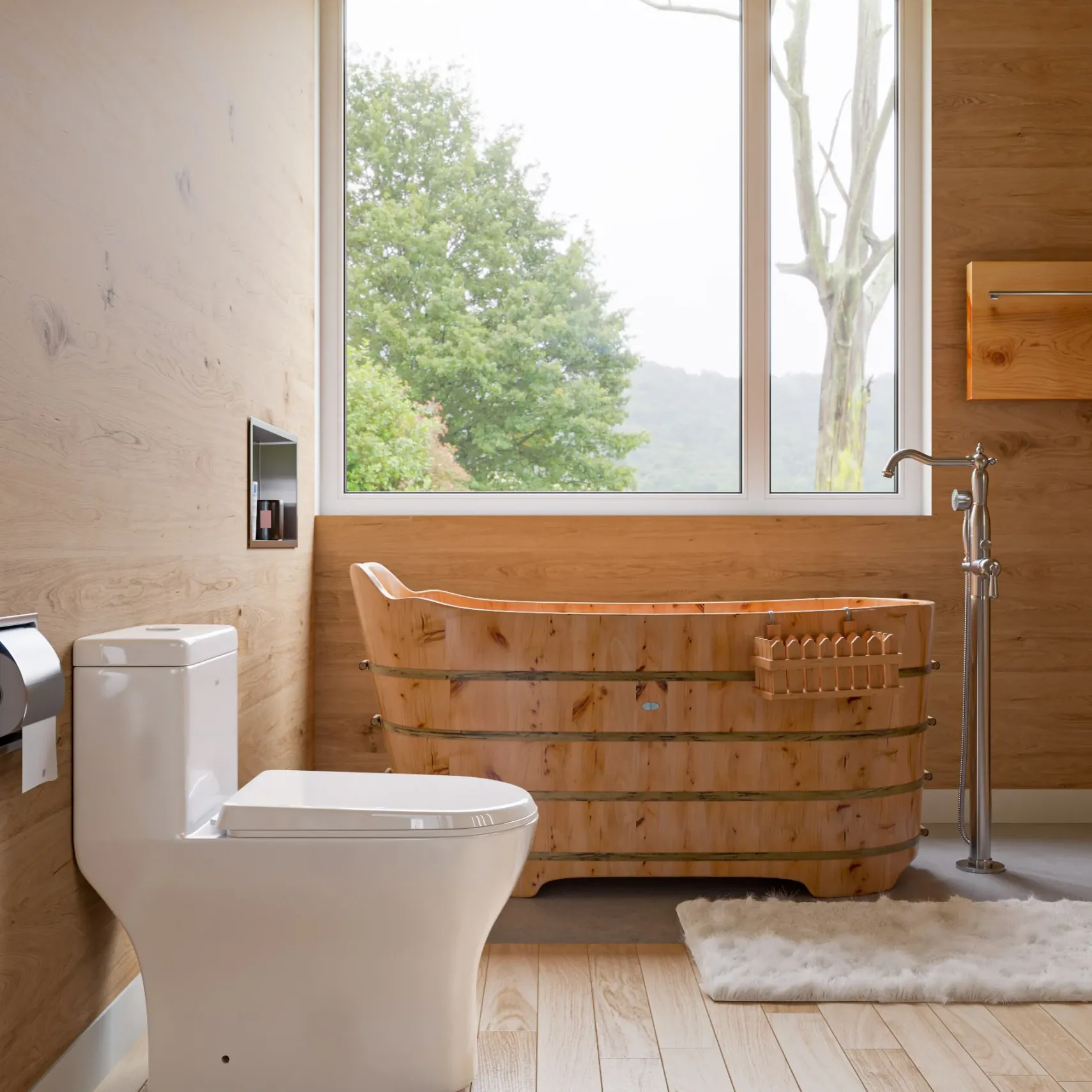 ALFI brand AB1103 59" Free Standing Cedar Wood Bathtub with Bench
