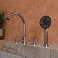 ALFI brand AB2503-BN Brushed Nickel Deck Mounted Tub Filler with Hand Held Showerhead