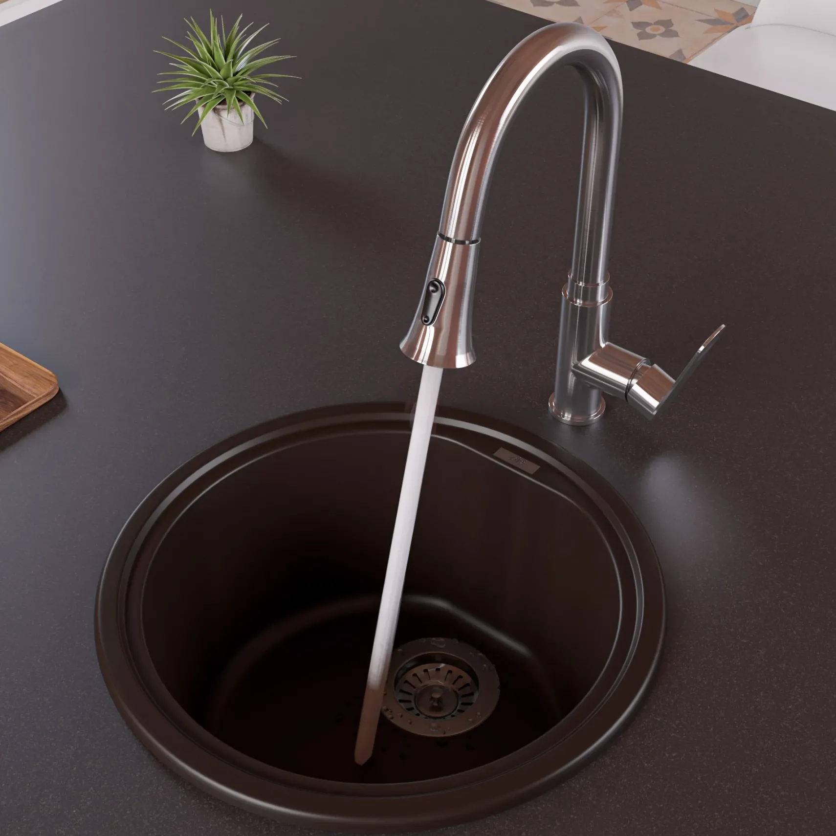 ALFI brand AB1717DI-C Chocolate 17" Drop-In Round Granite Composite Kitchen Prep Sink
