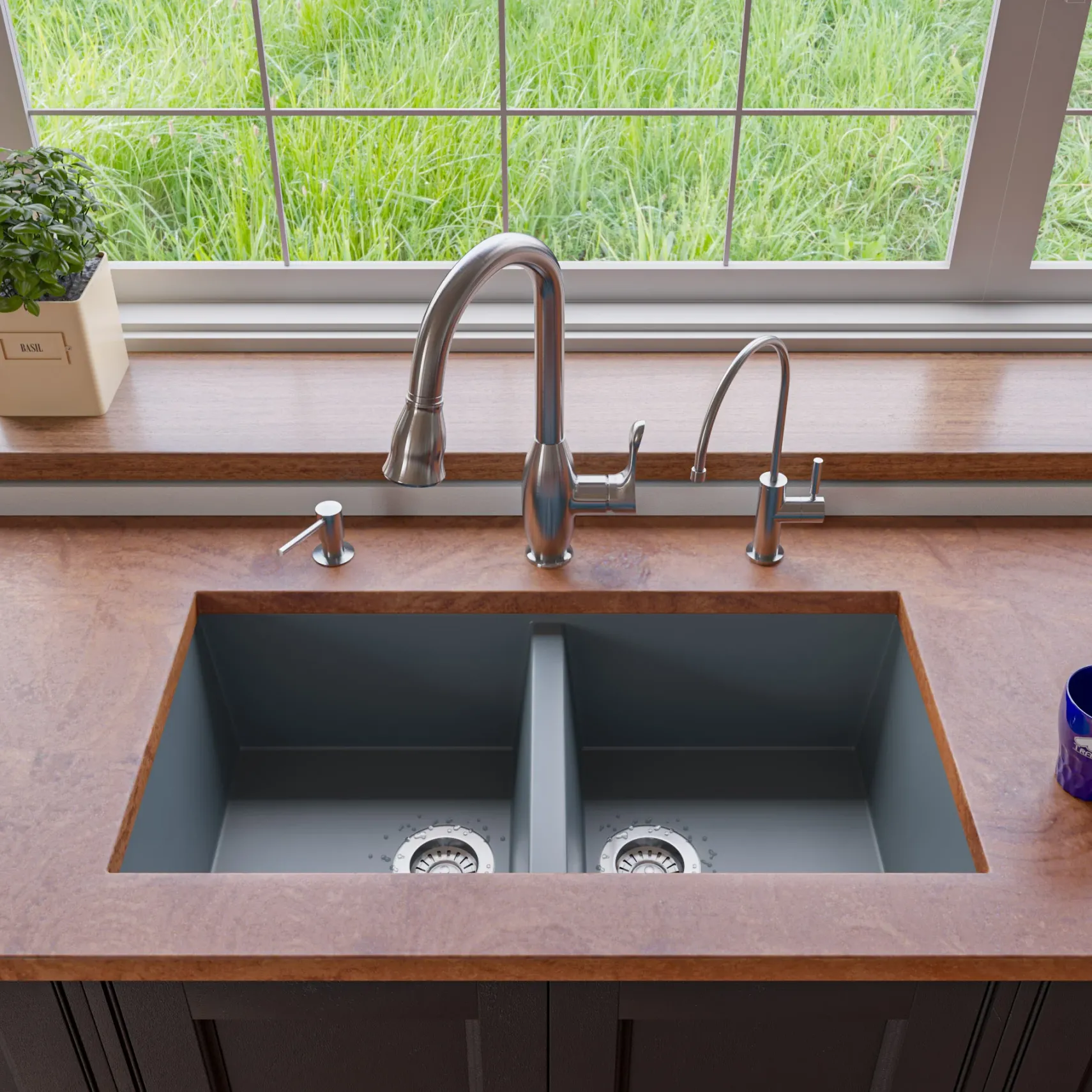 ALFI brand AB3420UM-T Titanium 34" Undermount Double Bowl Granite Composite Kitchen Sink