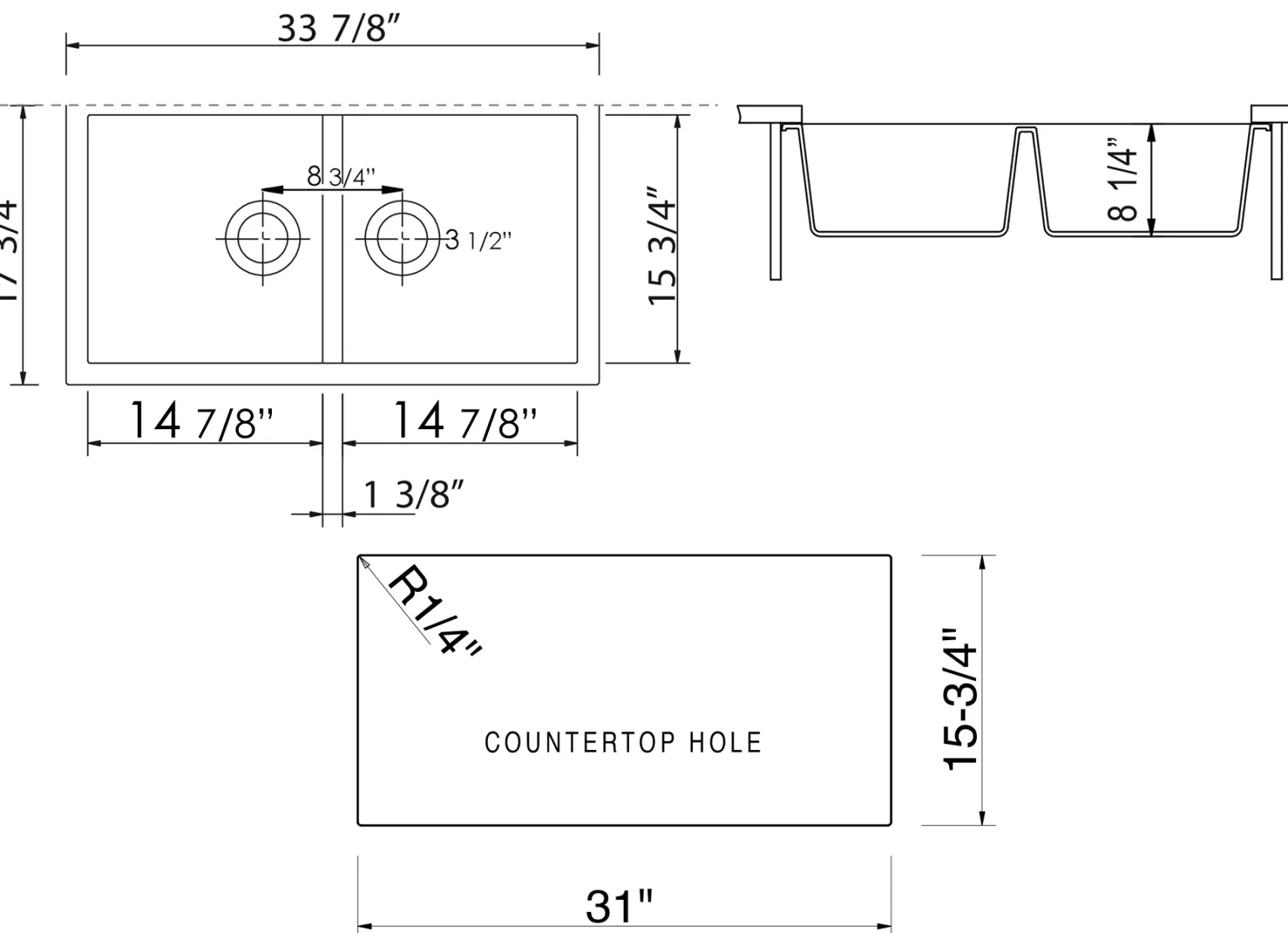 ALFI brand AB3420UM-T Titanium 34" Undermount Double Bowl Granite Composite Kitchen Sink