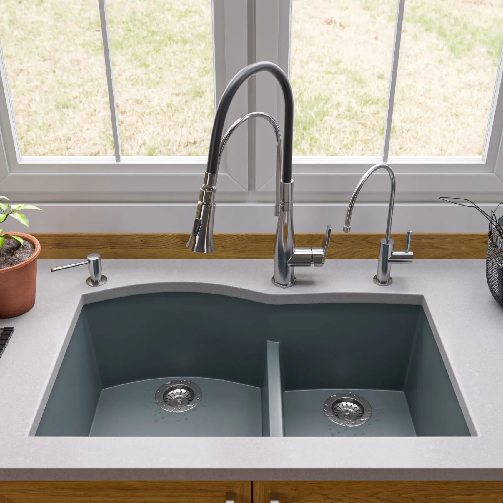 ALFI brand AB3320UM-T Titanium 33" Double Bowl Undermount Granite Composite Kitchen Sink
